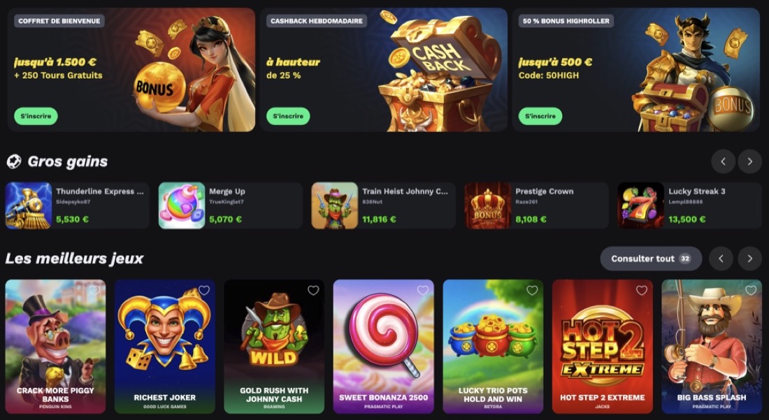 Lobby du casino mobile RollDorado