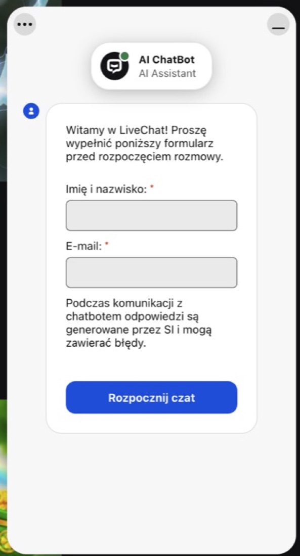 Okno czatu na żywo wsparcia RollDorado